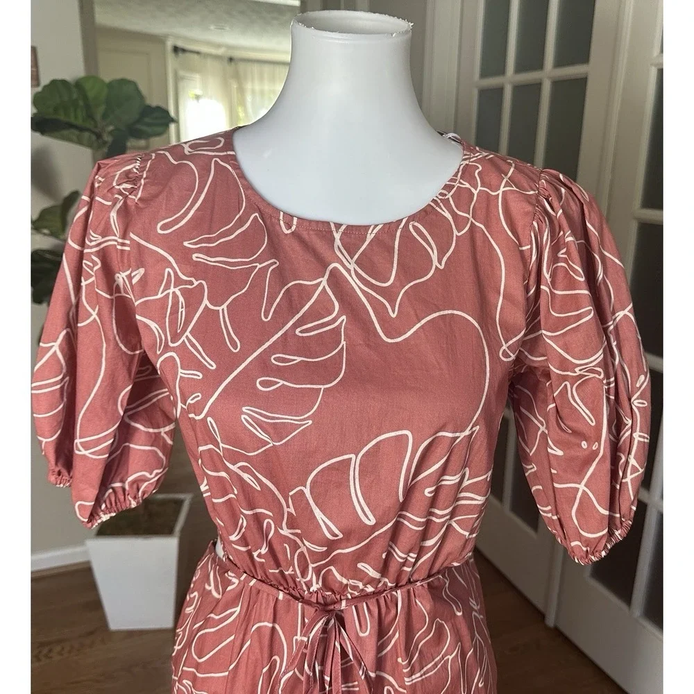 Lush Caramel Abstract Puff Sleeve Cutout Midi Dress Size M NWT 100% Cotton - Picture 5 of 12